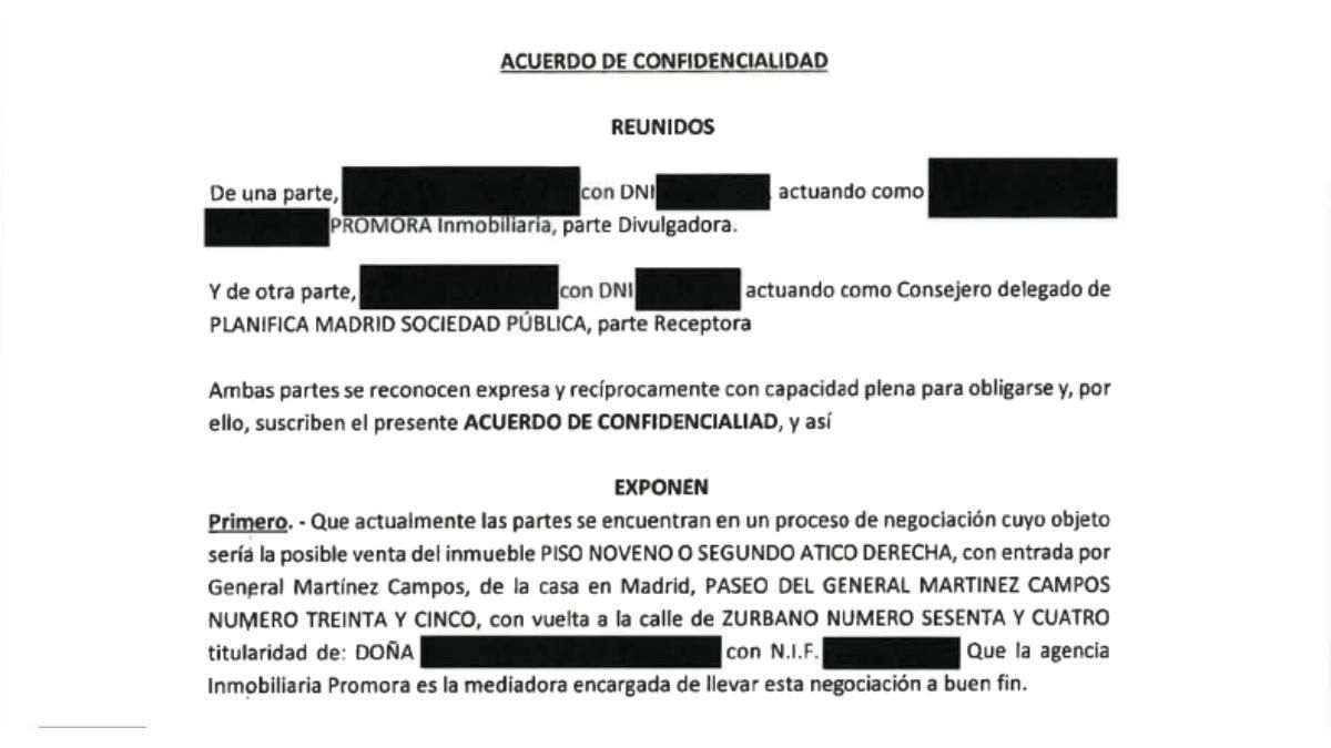 El pacto de confidencialidad que exigió el Gobierno de Ayuso en la compra del ático para garantizar "unos niveles rigurosos de confianza"