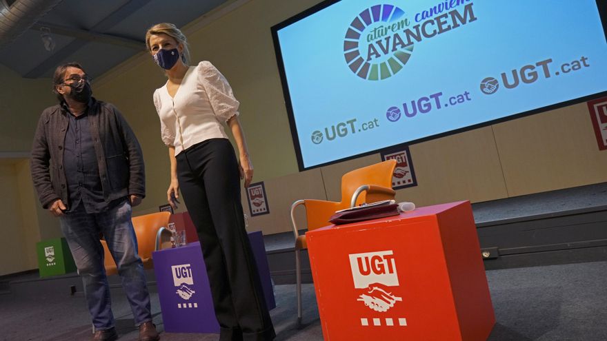 Yolanda Díaz exhibe unidad con los sindicatos catalanes para doblegar a ERC en la reforma laboral