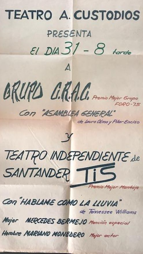 Cartel de 1975 en el que se anunciaba la actuación de dos grupos teatrales (CRAC y TIS) en el salón de actos del Colegio Ángeles Custodios de Santander.
