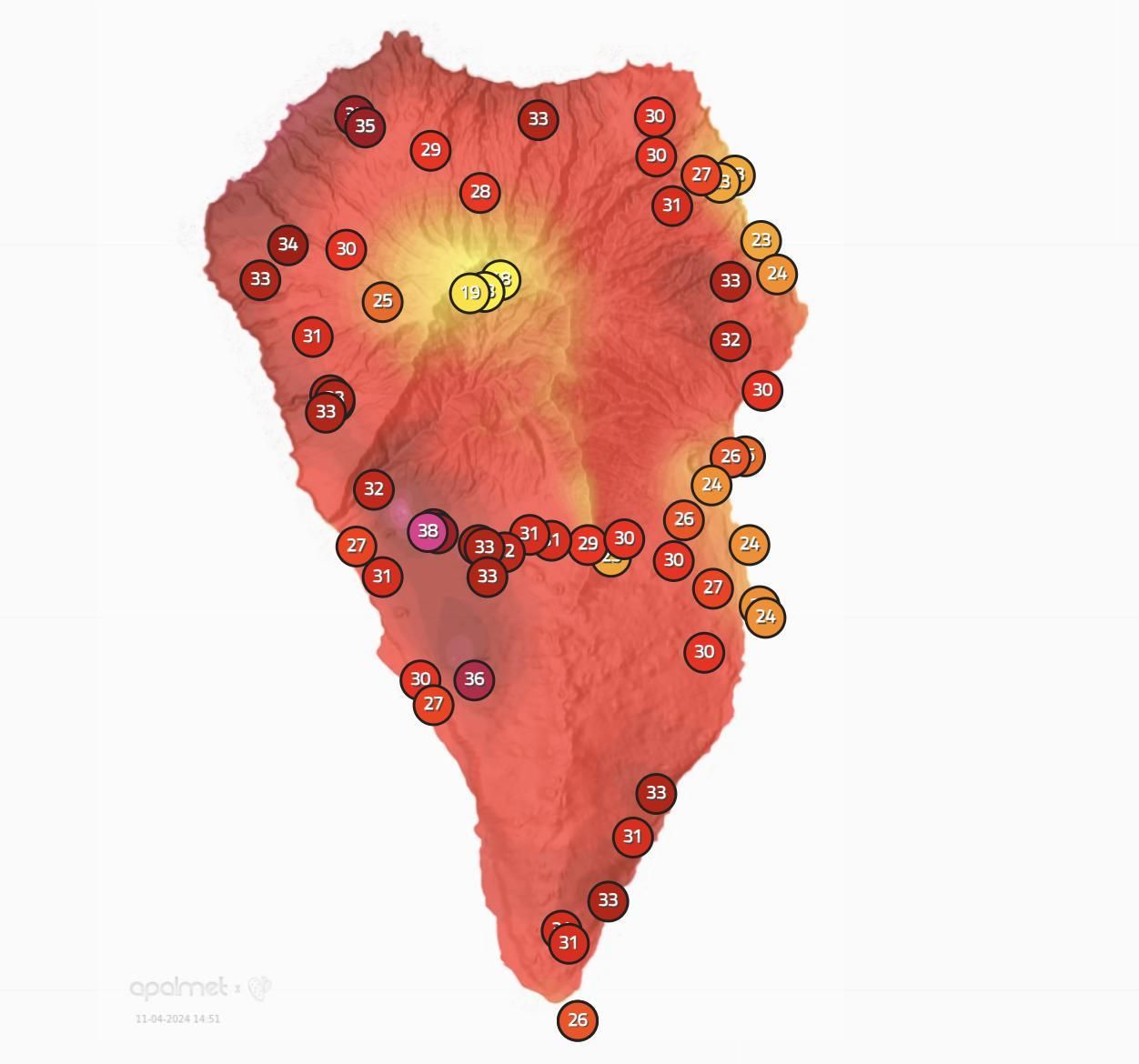 Mapa de Apalmet con las temperaturas que,  a las 16.00 horas de este jueves, se registraban en diversos puntos de La Palma.