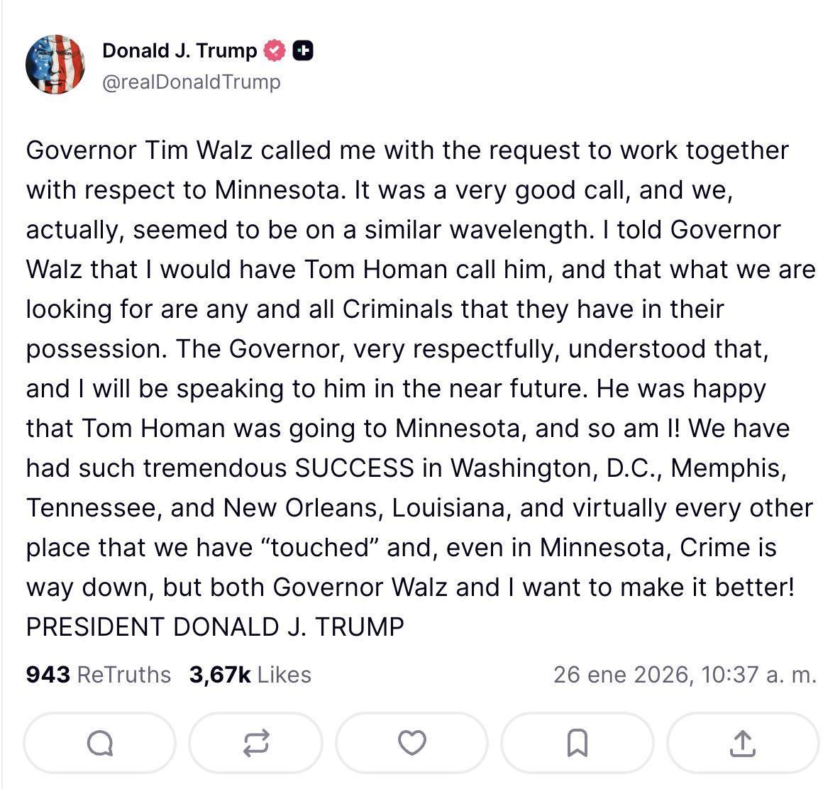 Truth Social de Trump sobre una llamada con Walz.