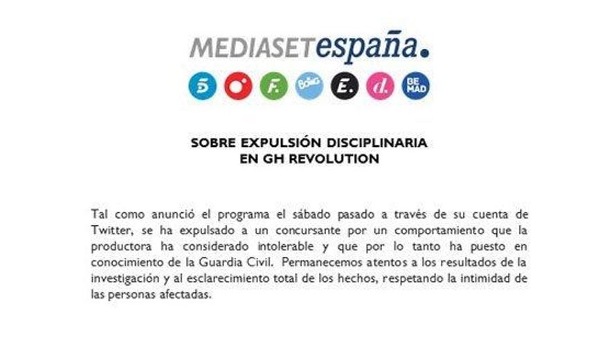 Comunicado oficial de Mediaset España sobre la expulsión de José María