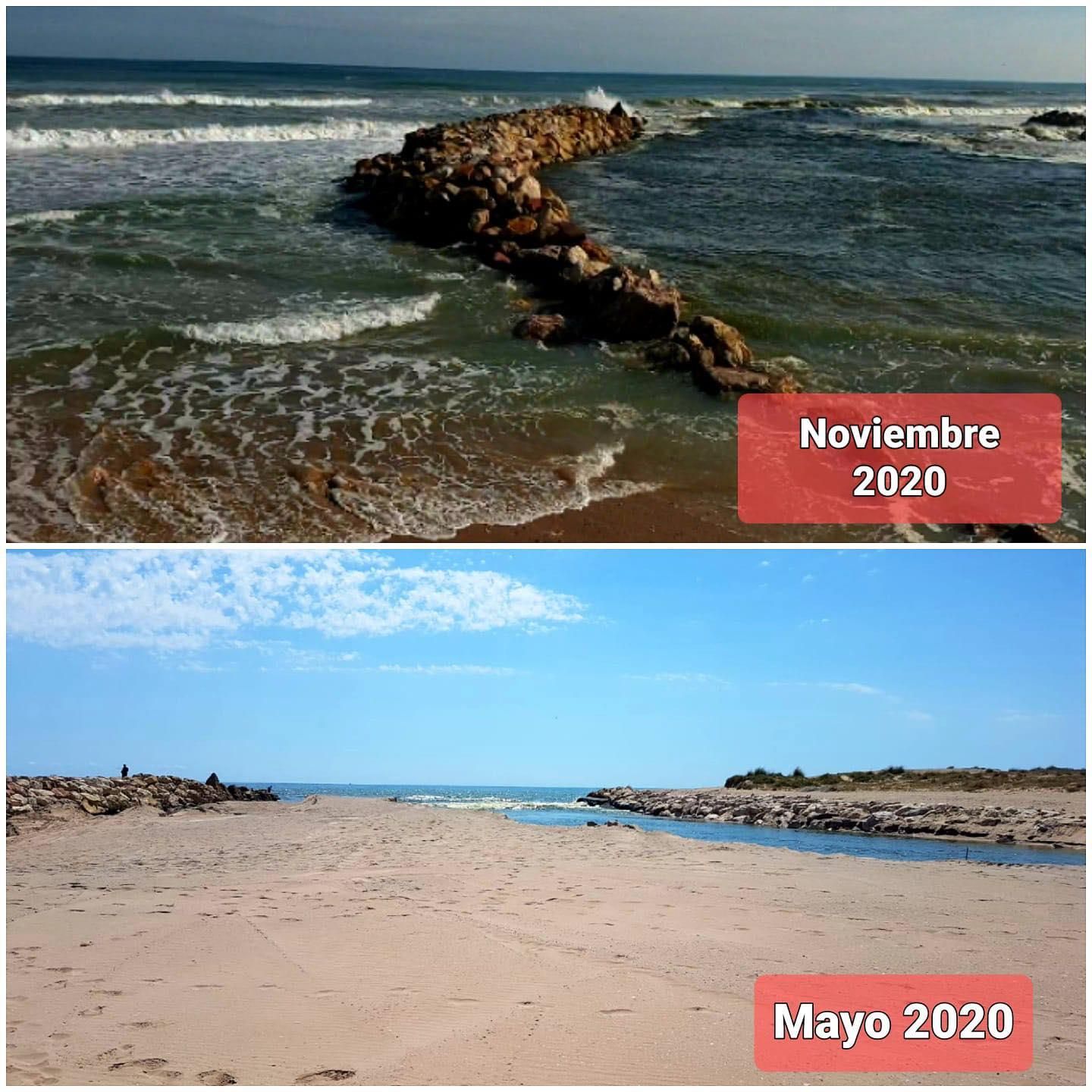 Comparativa del estado de la salida al mar de la Gola del Puchol entre mayo de 2020 y noviembre de 2020.