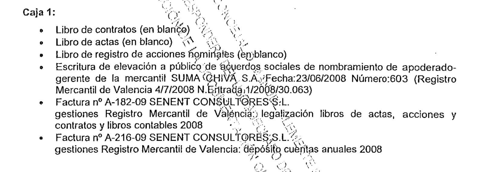 Un fragmento de la lista de documentos entregada por el liquidador de Chiva Suma SA en el que aparecen las dos facturas a Senent Consultores SL.