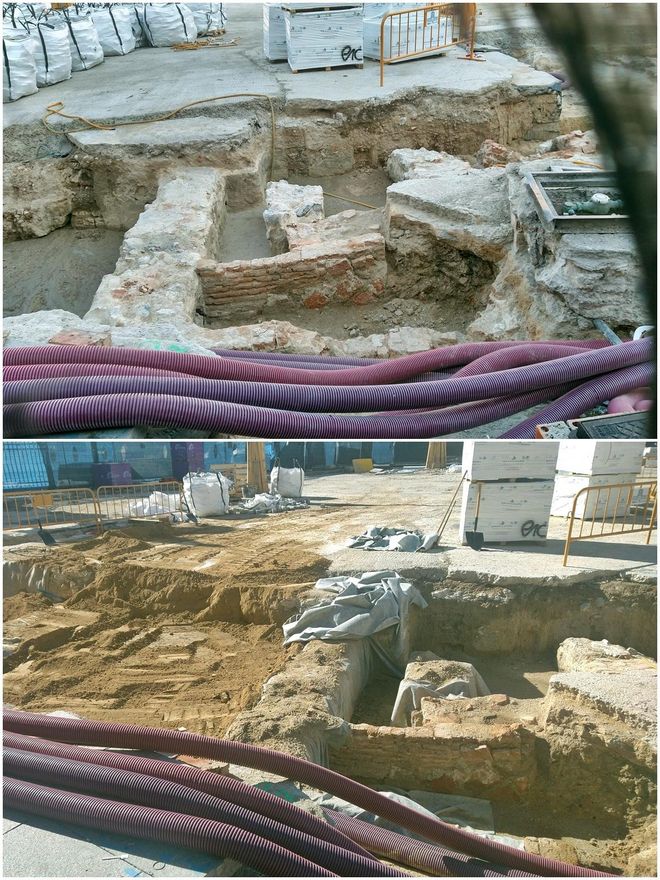 Restos arqueológicos de Sol al inicio de la semana (arriba) y este jueves (abajo)