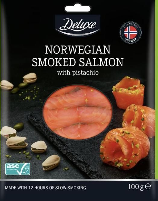 Artículo salmón ahumado noruego con pistacho de la marca Deluxe y fabricado por 'Compagnia del Mare'