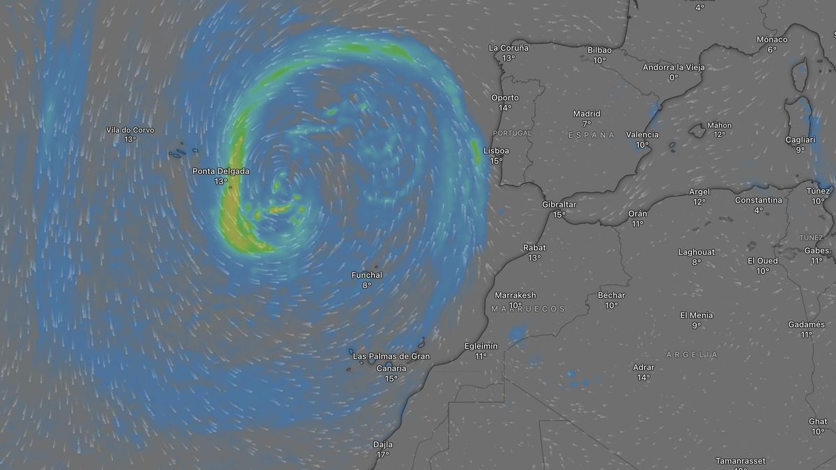 La borrasca, al oeste de Madeira este martes, según la predicción del modelo europeo.