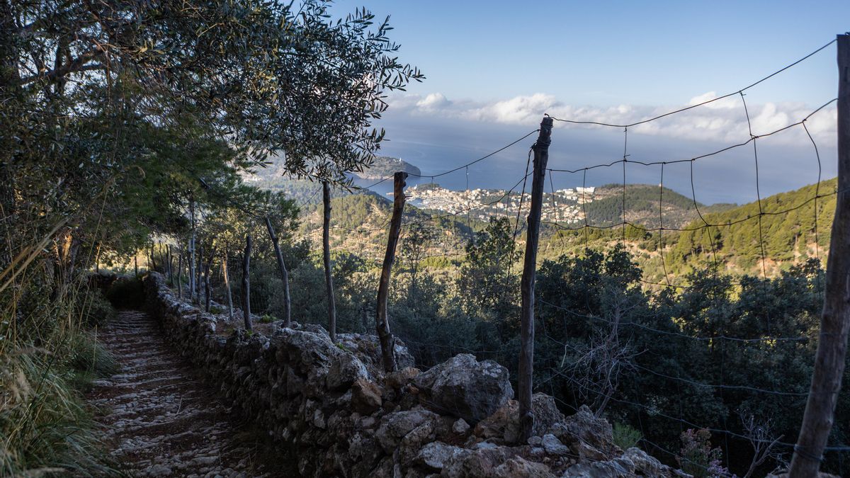 El camino de piedra que conduce hacia el camino público cerrado.
