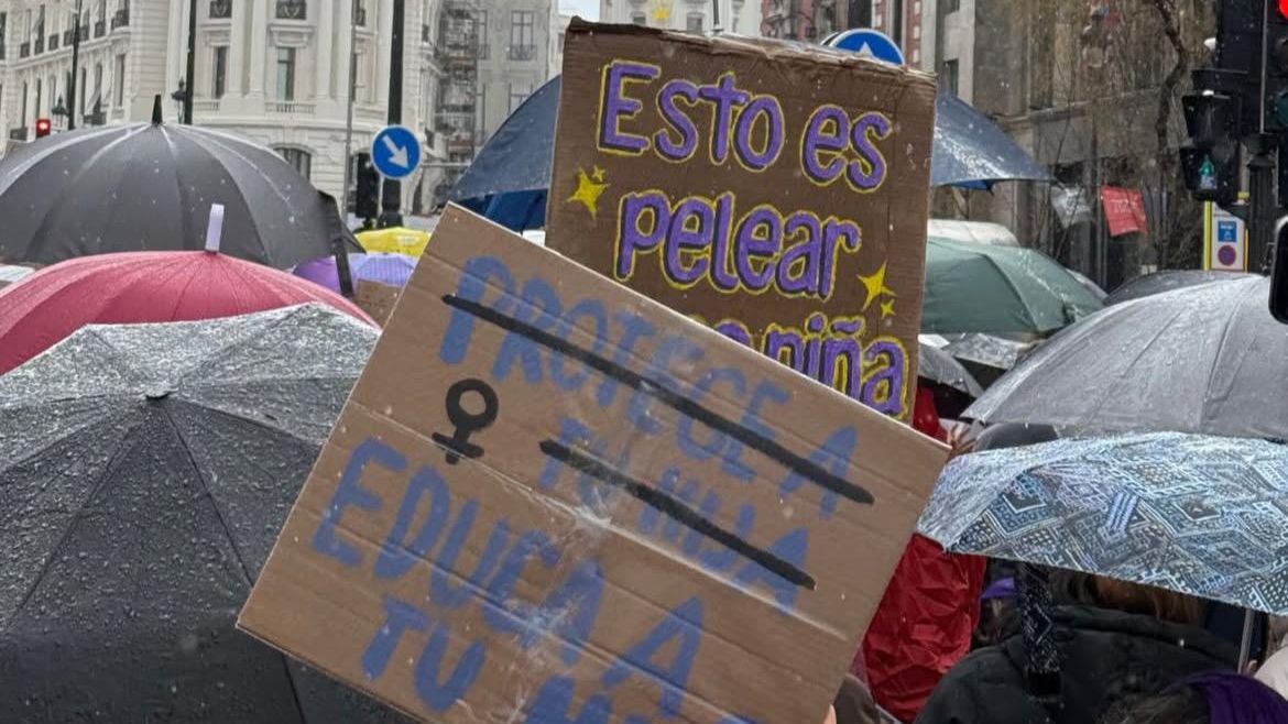 Algunas pancartas asoman entre los paraguas de las asistentes a la manifestación de Madrid a su paso por la calle Alcalá.