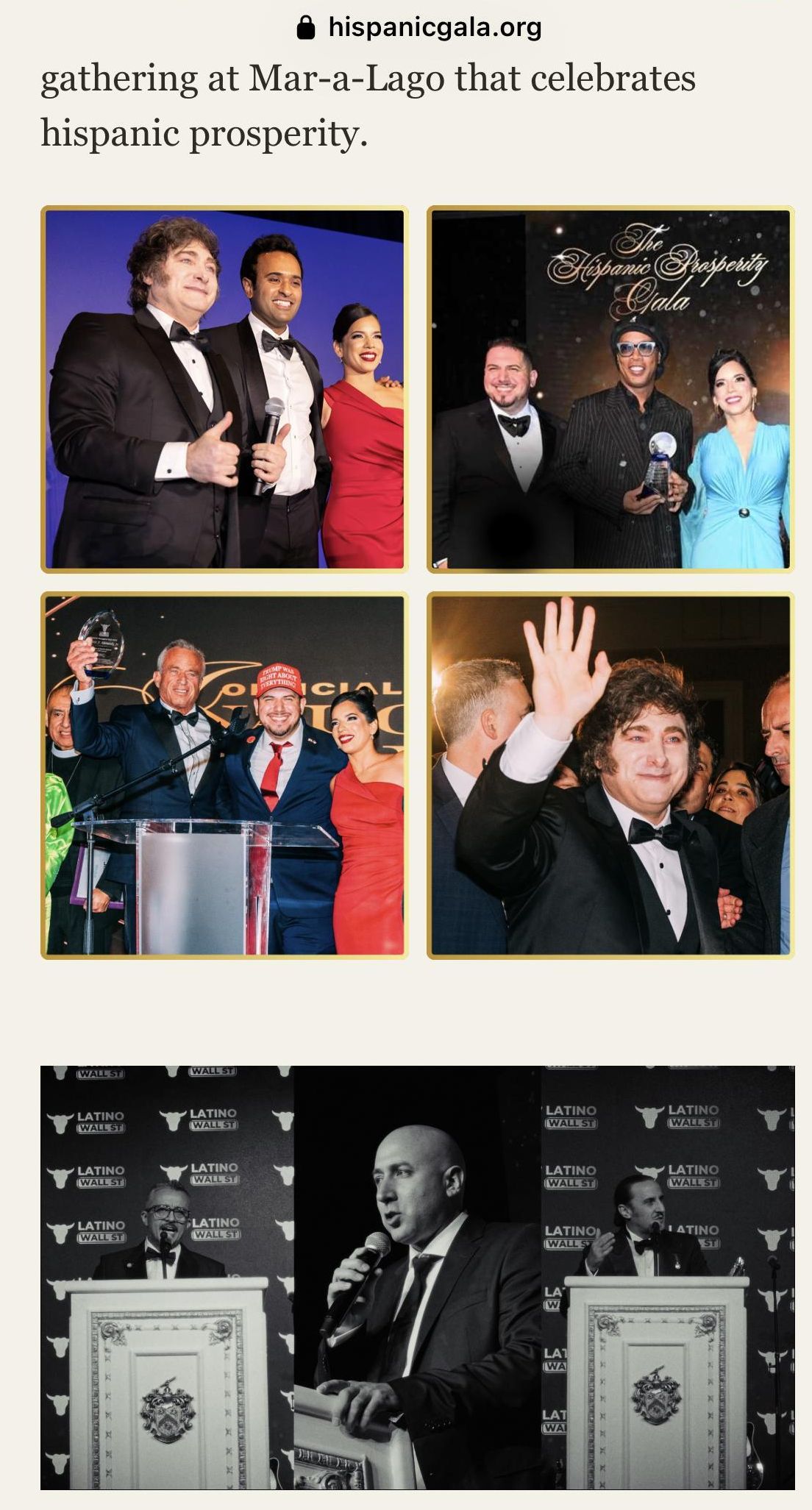 La web de la gala de octubre, con fotos de Milei y un video donde aparece Cerimedo.