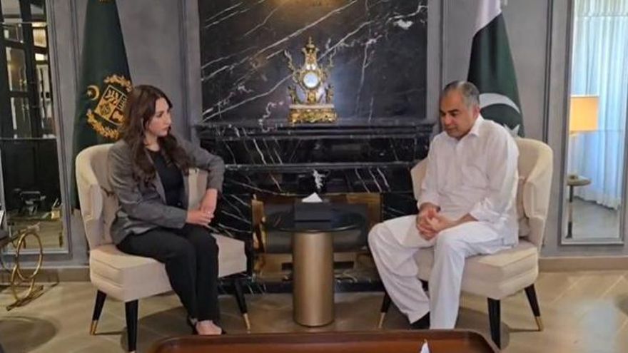 Captura de pantalla de un vídeo  de la reunión entre el Ministro del Interior de Pakistán Mohsin Naqvi y la Embajadora Estadounidense Natalie Baker difundido por el Ministerio del Interior de Pakistán