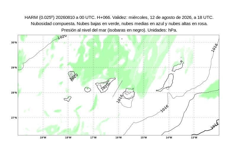 Mapa de nubosidad en Canarias para el miércoles 12 de agosto, a las 18.00 UTC.