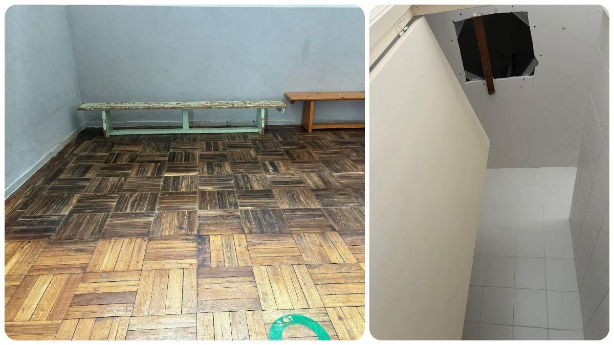 El suelo del pabellón totalmente quemado y agujeros en el techo del Colegio Trepalio.