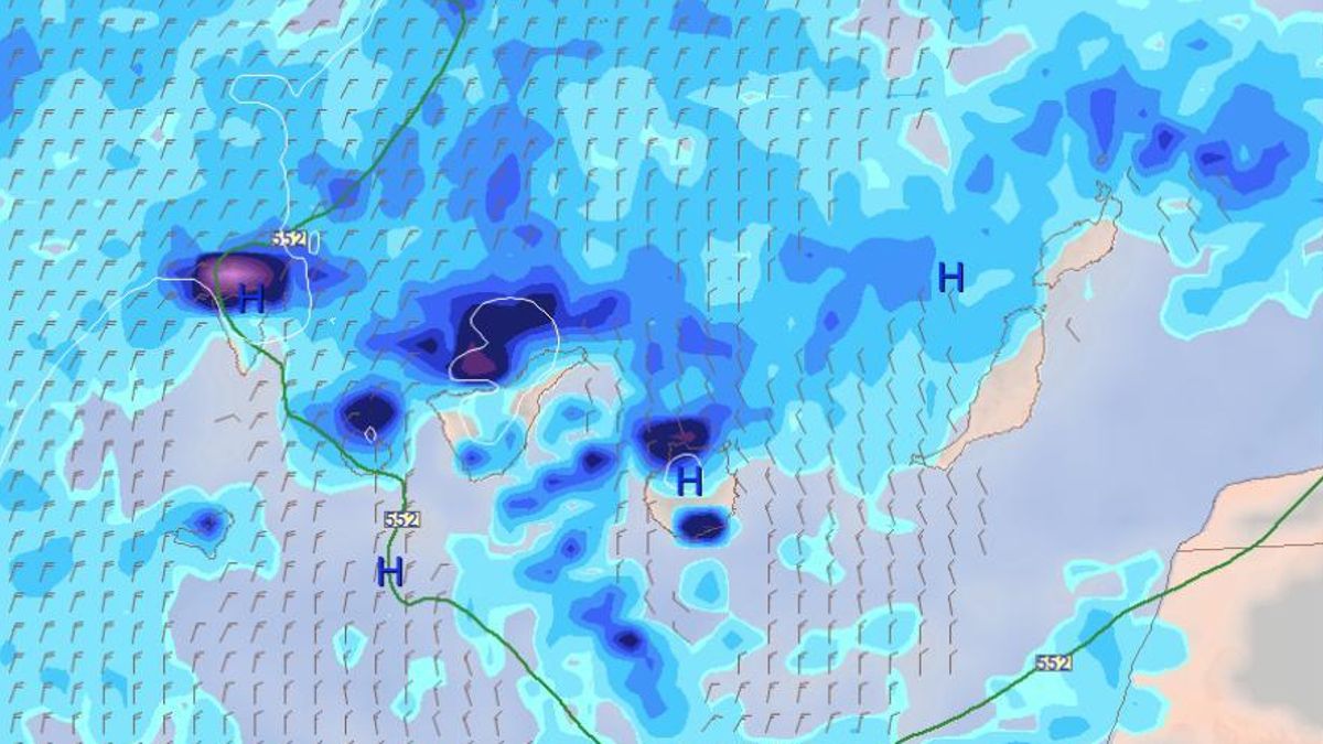 Lluvias previstas este jueves en Canarias, según el modelo europeo.