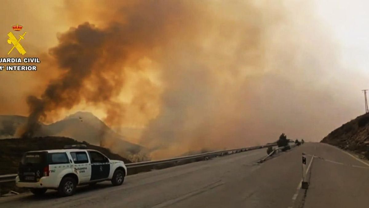 Carretera hacia La Baña copada por el humo del incendio forestal originado en Porto (Zamora).