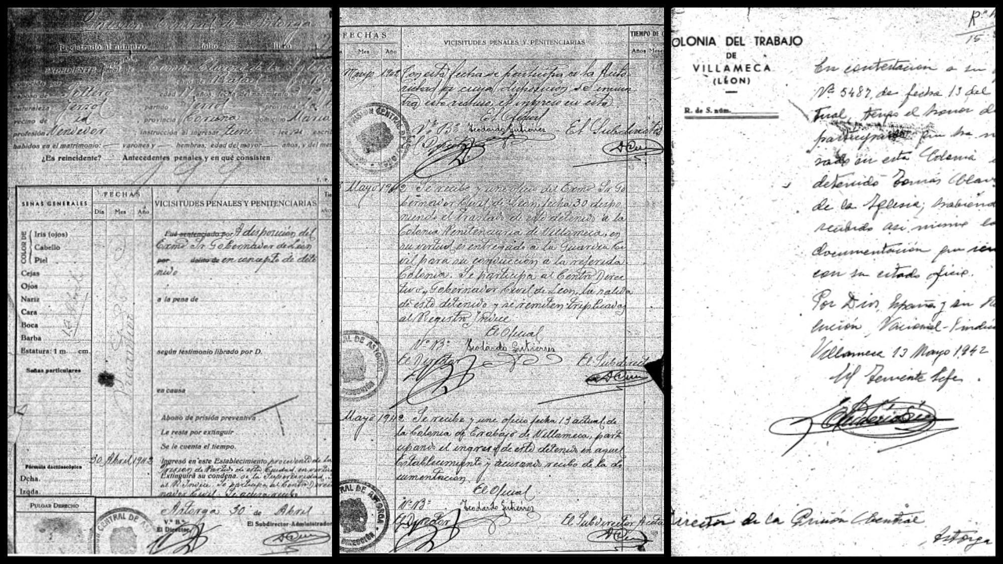 Documentos oficiales del joven gallego Tomás Clavero de la Iglesia, hasta ahora dado por desaparecido, en la Colonia de Trabajo de Villameca en 1942.