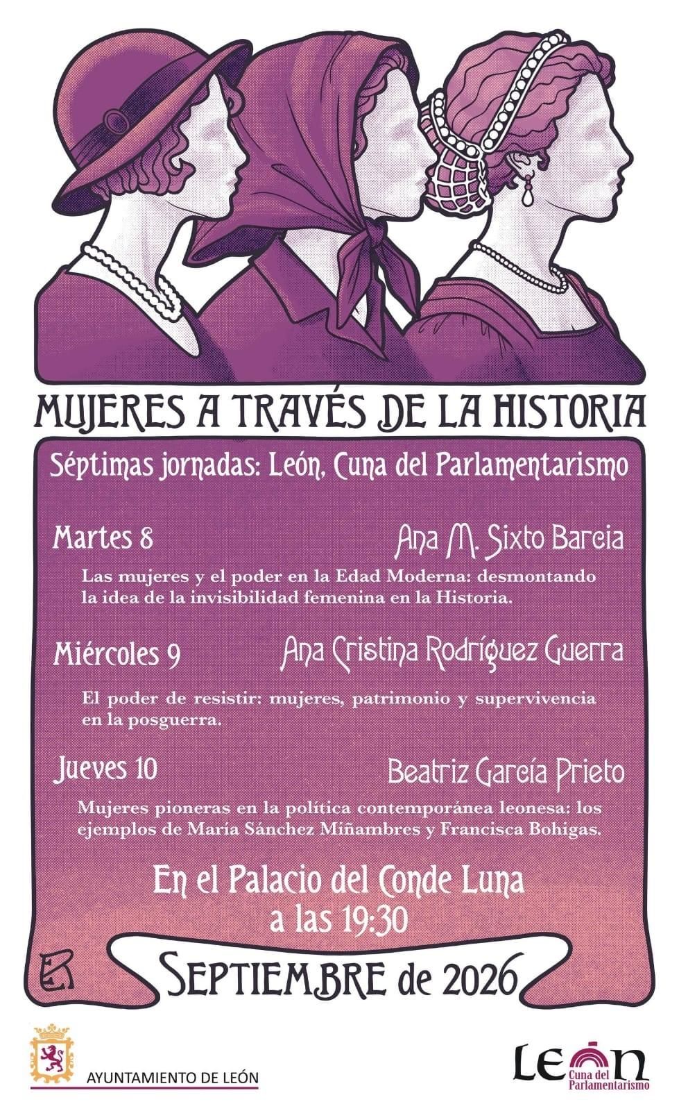 Cartel y programa de las Jornadas 'Mujeres a través de la Historia' en León.