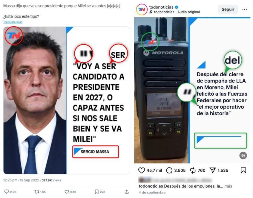 Comparación entre una captura de pantalla de la placa viral en X (I) y una gráfica de Todo Noticias en Instagram, hecha el 24 de septiembre de 2025