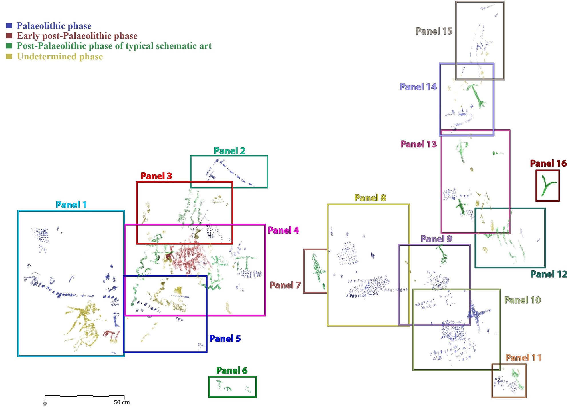 Reproducción digital general de la Cueva de Atlanterra dividida en 16 paneles.