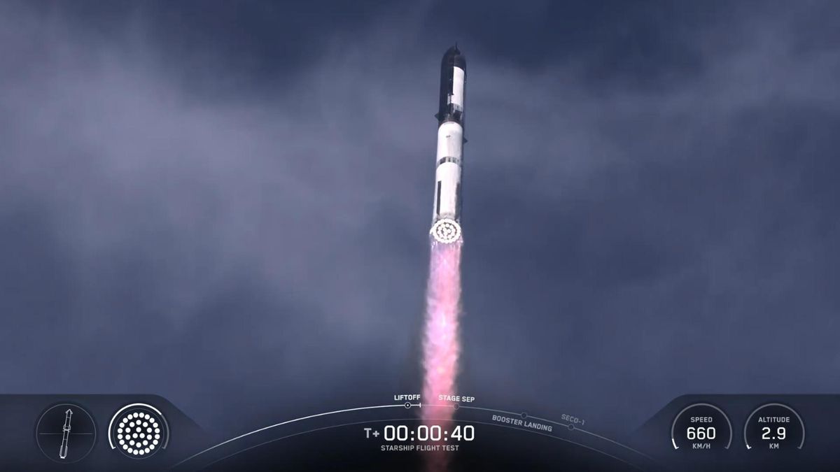 Captura de video de SpaceX donde se muestra el cohete Starship despegando este martes, en Starbase, la base recién nombrada cerca de Brownsville, Texas (Estados Unidos).