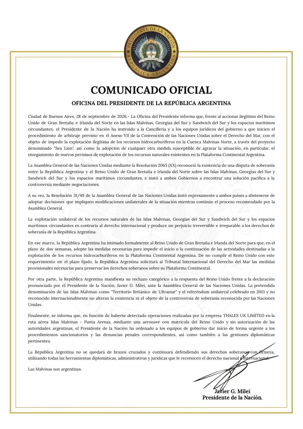 Comunicado de Presidencia con el que el Gobierno nacional anunció que iniciará un procedimiento de arbitraje contra el Reino Unido en el marco de la Convención de las Naciones Unidas sobre el Derecho del Mar.