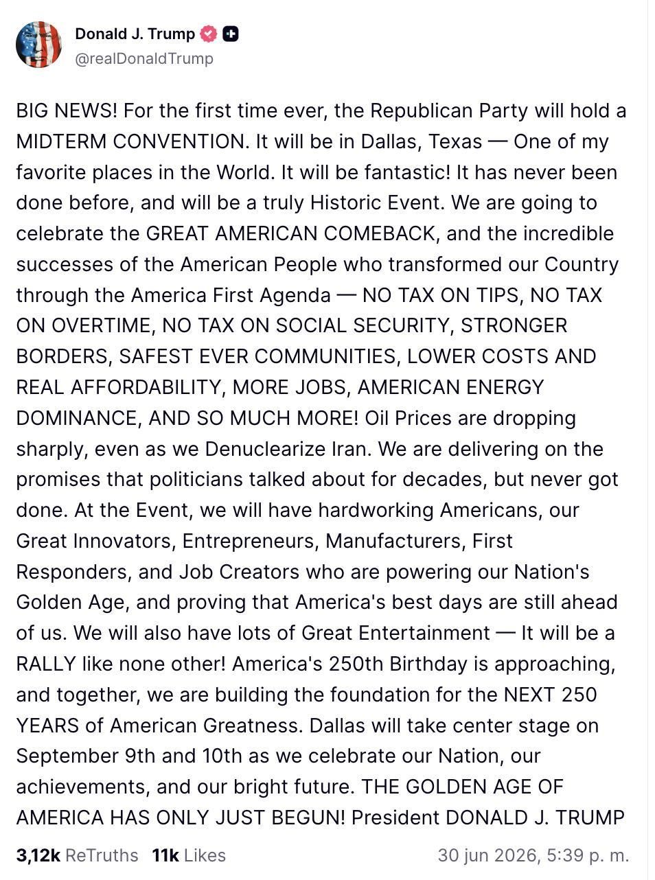 Truth Social de Trump sobre la convención antes de las midterms.