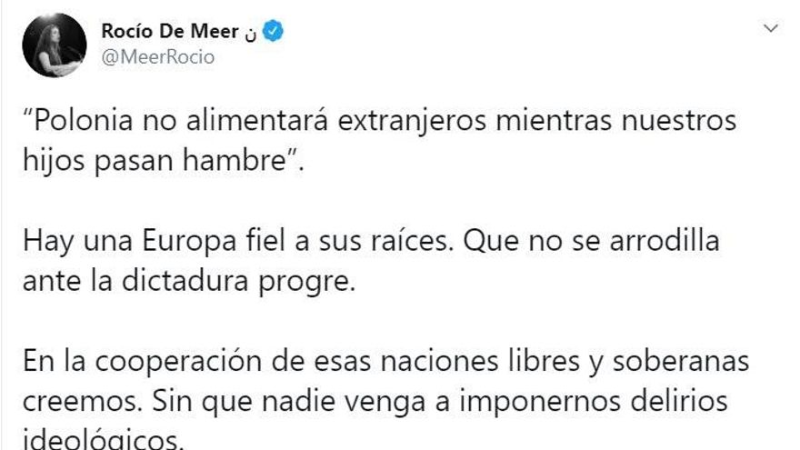 Captura del tweet de la diputada de Vox Rocío de Meer