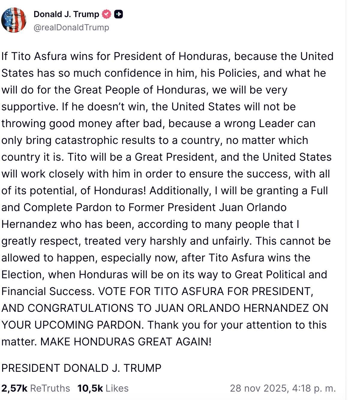 Truth Social de Trump anunciando el indulto al ex presidente de Honduras Juan Orlando Hernández.