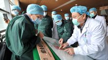 Miembros del grupo de expertos de la OMS en coronavirus, de verde, de visita en un centro médico de Wuhan