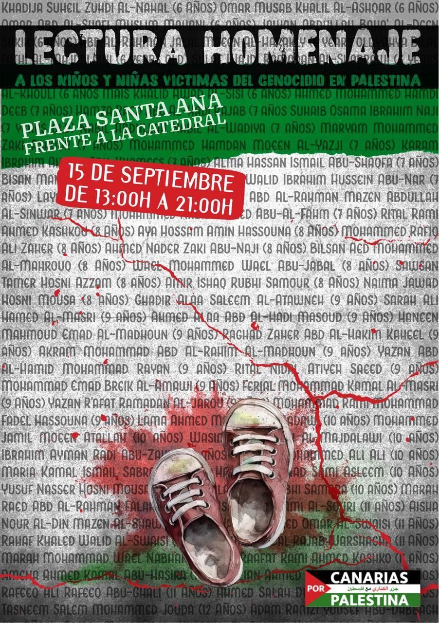 Cartel de convocatoria al acto en Las Palmas de Gran Canaria en memoria de los niños asesinados por el estado de Israel.