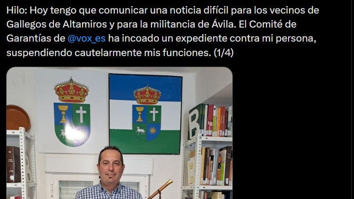 Vox suspende en funciones al teniente alcalde de Gallegos de Altamiros y él lo atribuye a una "purga" por pedir un congreso extraordinario