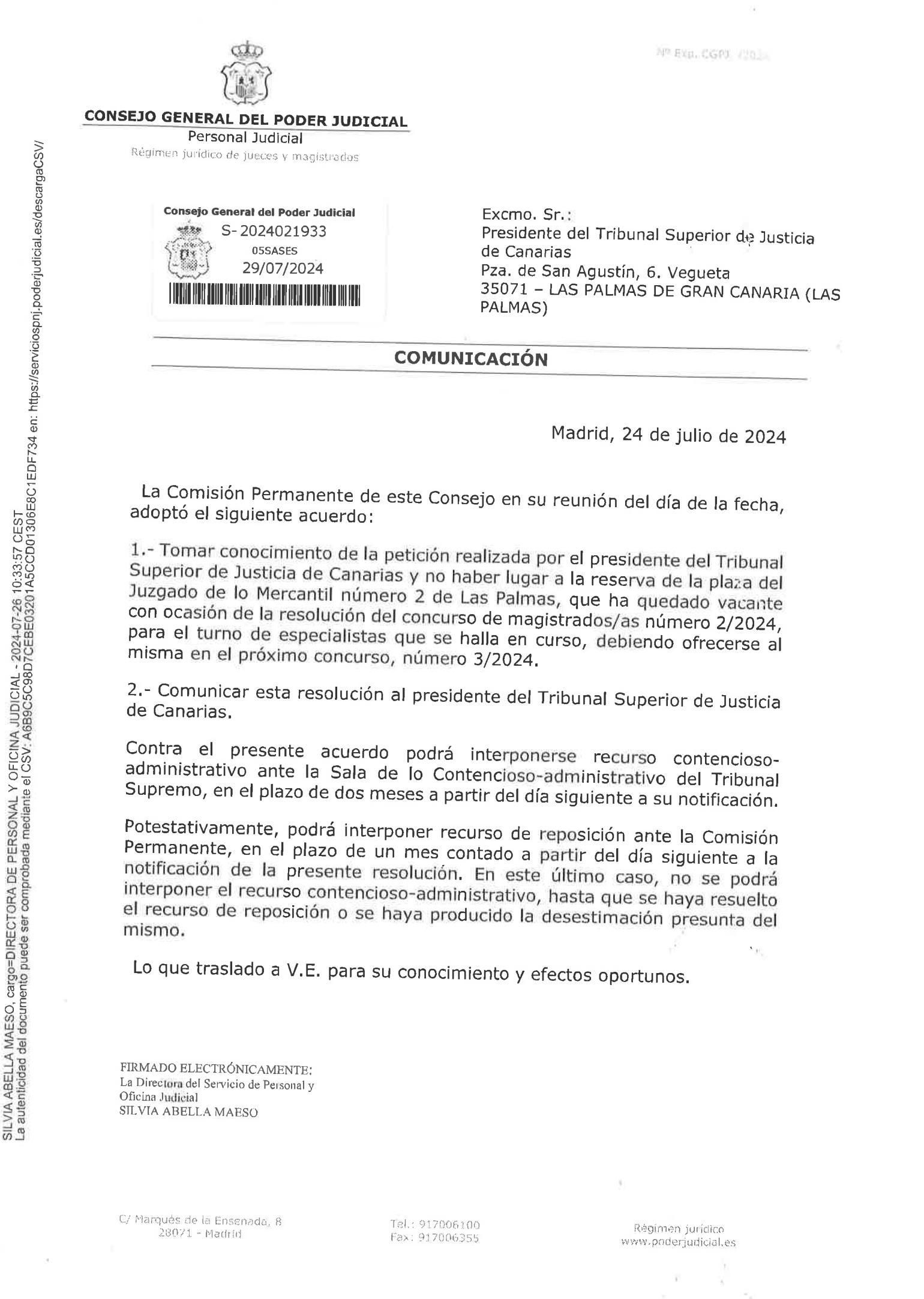 El acuerdo de la Comisión Permanente del Consejo General del Poder Judicial que levanta la exigencia de la especialización para cubrir la vacante de juez titular de Mercantil 2 de Las Palmas de Gran Canaria.