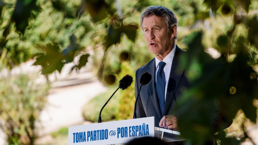 El presidente del Partido Popular, Alberto Núñez Feijóo, durante una rueda de prensa, posterior a la reunión del Comité de Dirección del PP, en el Hotel NH Collection Palacio de Aranjuez, a 1 de septiembre de 2025, en Aranjuez, Madrid (España).