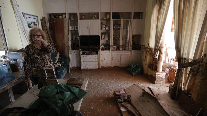 Una mujer observa el interior de su vivienda destruida tras el paso de la DANA, en la Masía del Oliveral, en Riba-Roja, este viernes
