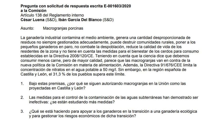 Pregunta de eurodiputados del PSOE sobre las macrogranjas.