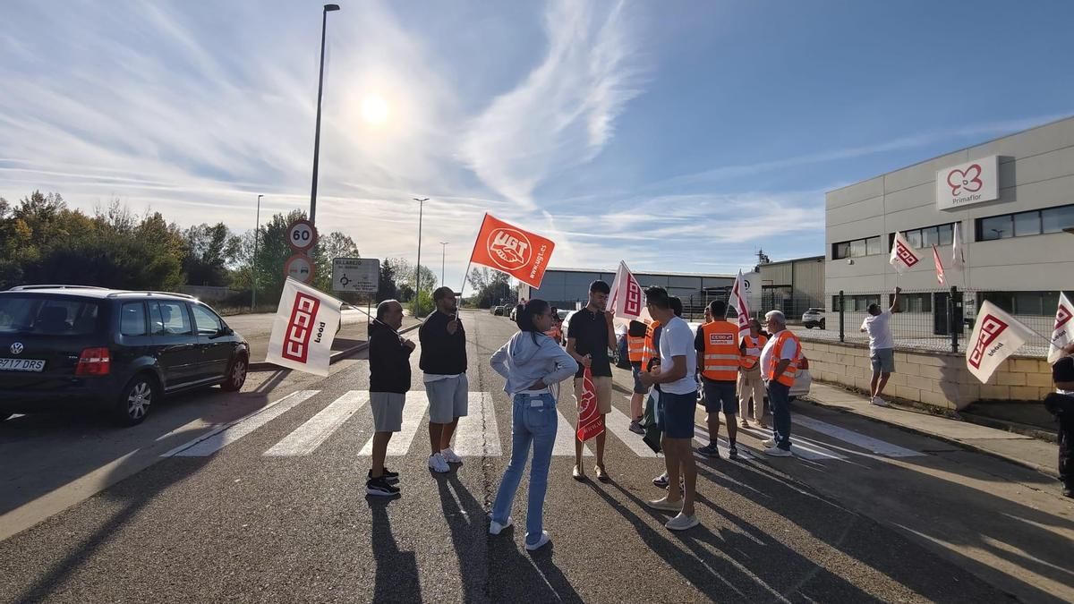 Protesta sindical ante una de las empresas del sector de las conservas, ubicada en el polígono de Villarejo del Órbigo