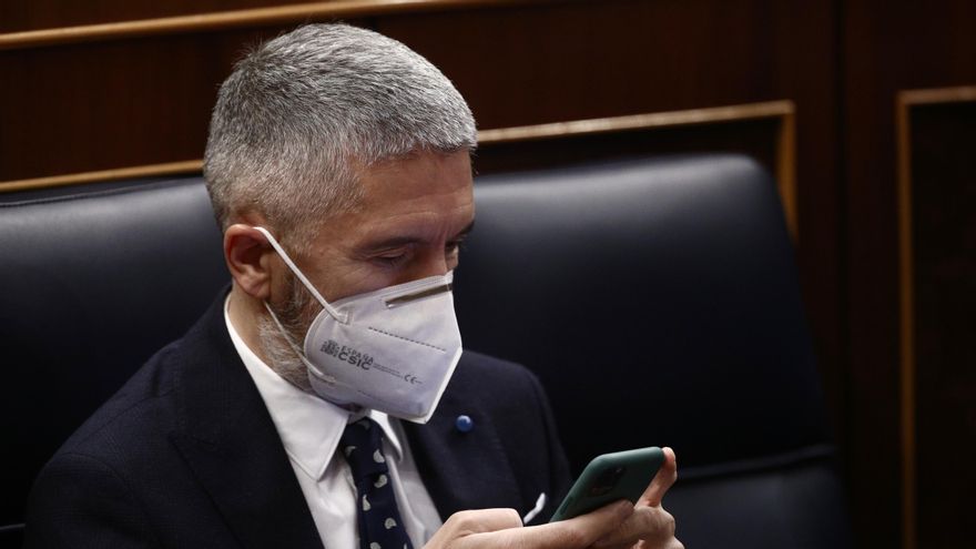 El ministro de Interior, Fernando Grande-Marlaska, observa el móvil durante una sesión plenaria en el Congreso