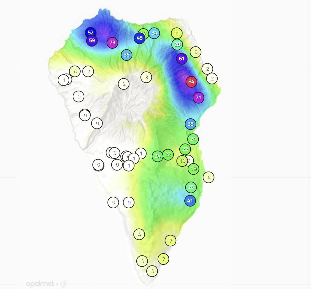 Mapa de Apalmet de la lluvias registrada en este viernes, 6 de marzo, hasta las 11.45 horas, en diversos puntos de La Palma.