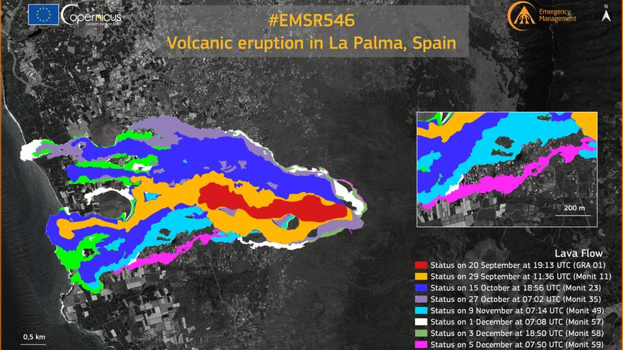 MAPA | El recorrido de la lava en La Palma, visto desde un satélite este martes