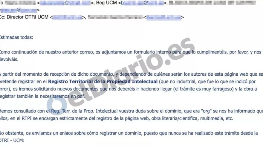 Un correo muestra que la Complutense estaba al tanto del registro de una marca por Begoña Gómez: “Así se crean dominios”