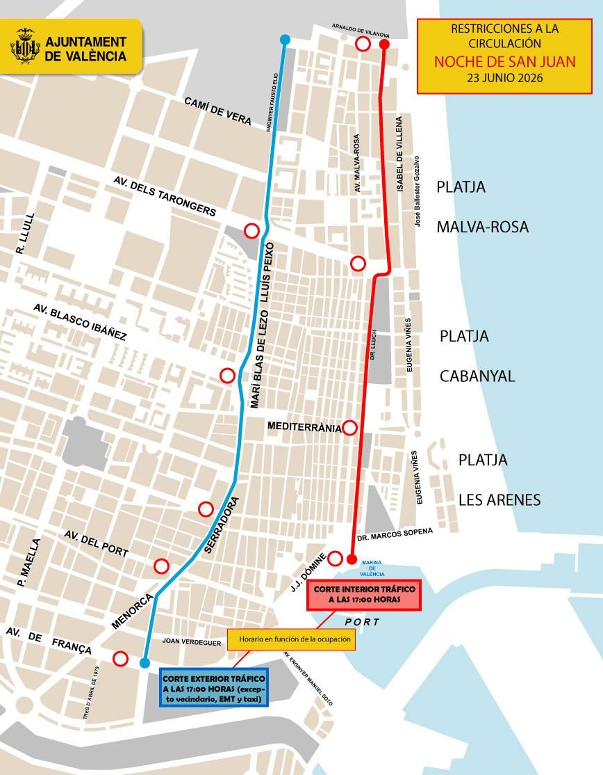 Cortes de calles previstos con motivo de la celebración de la noche de San Juan.