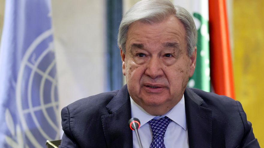 El secretario general de las Naciones Unidas, Antonio Guterres, durante una rueda de prensa en Beirut, Líbano, el 14 de marzo de 2026. EFE/EPA/WAEL HAMZEH