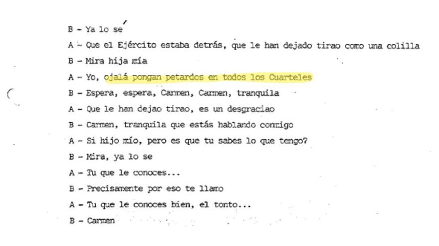 La mujer de Tejero, al ver que fracasaba el golpe: "Ojalá pongan petardos en todos los cuarteles"