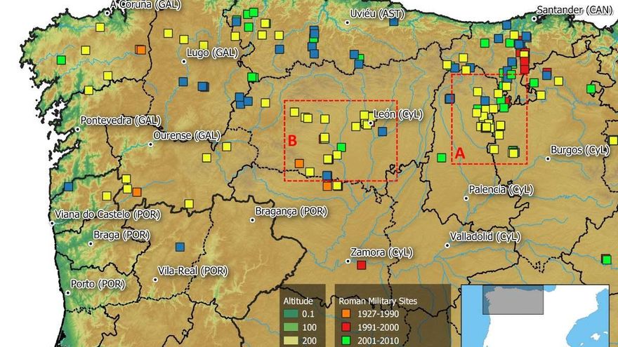 En los recuadros rojos, los nuevos candidatos a campamentos romanos.