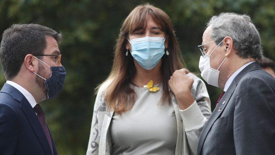 Archivo - (I-D) El vicepresdiente de la Generalitat, Pere Aragonès; la portavoz de Junts per Catalunya en el Congreso de los Diputados, Laura Borràs; y el presidente de la Generalitat, Quim Torra, en una imagen de archivo.