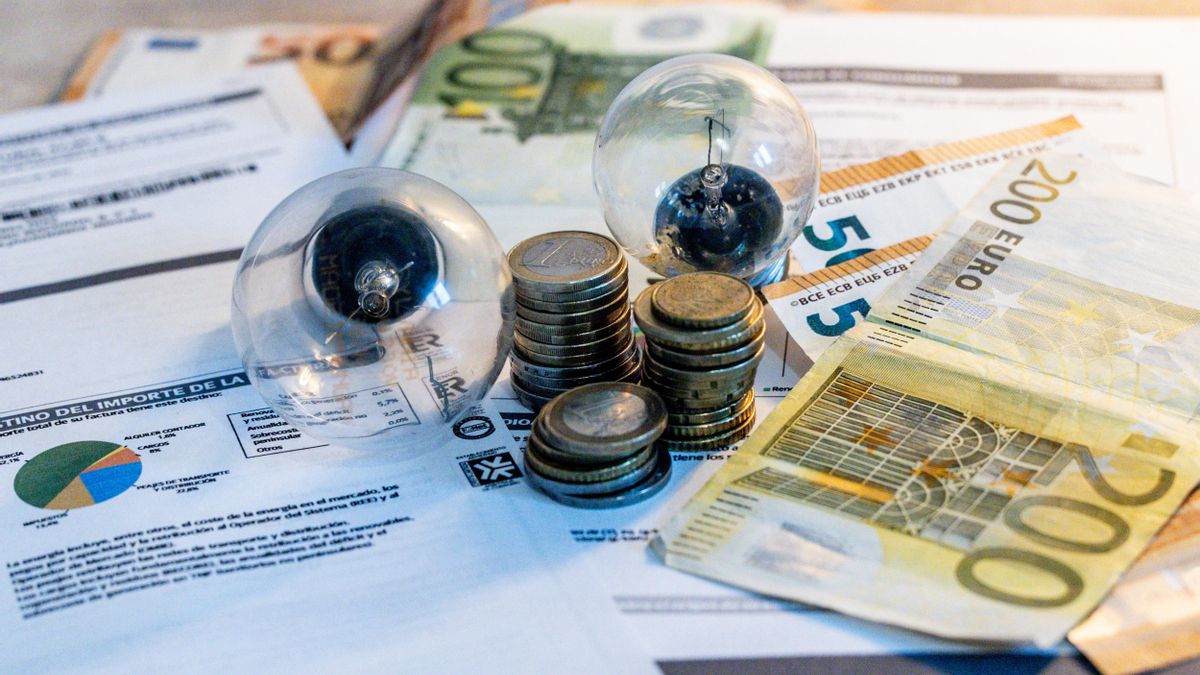 Dos bombillas y una factura de electricidad sobre billetes.