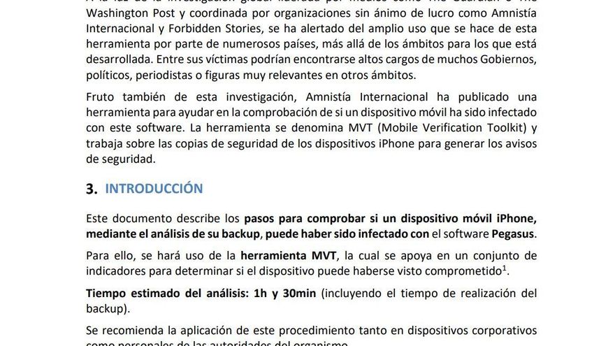 Extracto del documento del Centro Criptológico Nacional sobre la detección de Pegasus.