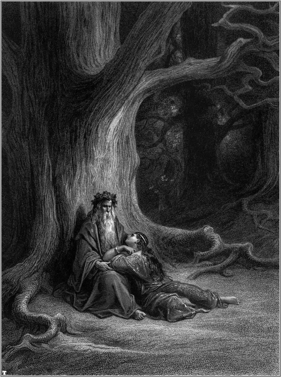 Merlín y Viviana de Gustave Doré (1868), ilustración que se encuentra en el libro Idilios del rey, de Alfred Tennyson