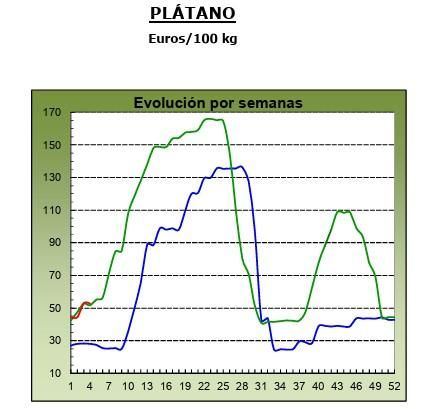 Evolución de los precios medios percibidos por el platanero canario en 2024 (marca azul), 2025 (verde) y 2026 (roja, hasta la semana 4).