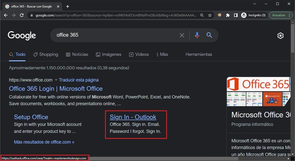 Resultados de búsqueda de Google al introducir "Office 365" que muestran un enlace incorrecto como si fuera la página oficial de Microsoft